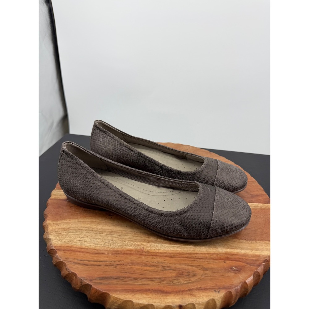 ECCO Textured Leather Ballet Flats Women 41 10-10.5 Grey Cap Toe Slip On Comfort